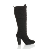 Right side view of Black Suede High Heel Biker Military Calf Boots