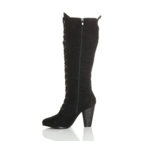 Left side view of Black Suede High Heel Biker Military Calf Boots