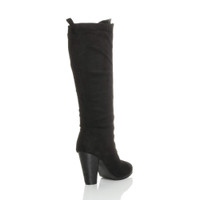 Back right side view of Black Suede High Heel Biker Military Calf Boots