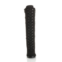 Front view of Black Suede High Heel Biker Military Calf Boots