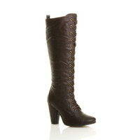 Front right side view of Brown PU High Heel Biker Military Calf Boots