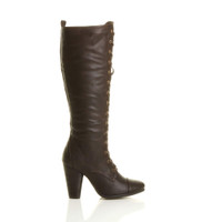 Right side view of Brown PU High Heel Biker Military Calf Boots