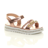 Front right side view of Rose Gold Childrens Flatform Diamante Strappy Studded Slingback Sandals