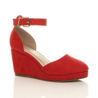 Front right side view of Red Suede Mid Wedge Heel Ankle Strap Buckle Platform Sandals