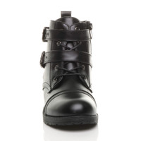 Front view of Black PU Mid Block Heel Zip Studded Goth Biker Military Ankle Boots