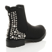 Back right side view of Black Suede Flat Low Heel Diamante Studded Spiked Elastic Gusset Chelsea Boots