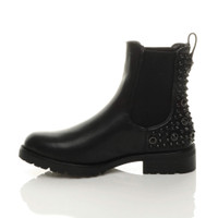 Left side view of Black / Black PU Flat Low Heel Diamante Studded Spiked Elastic Gusset Chelsea Boots
