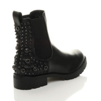 Back right side view of Black / Black PU Flat Low Heel Diamante Studded Spiked Elastic Gusset Chelsea Boots
