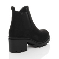 Back right side view of Black Suede Mid Block Heel Chunky Elastic Gusset Chelsea Ankle Boots