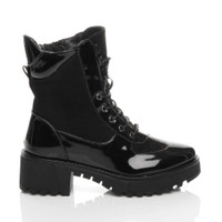 Right side view of Black Patent Mid Block Heel Lace Up Zip Combat Military Chunky Ankle Boots