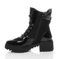 Left side view of Black Patent Mid Block Heel Lace Up Zip Combat Military Chunky Ankle Boots