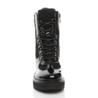 Front view of Black Patent Mid Block Heel Lace Up Zip Combat Military Chunky Ankle Boots