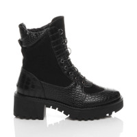 Right side view of Black PU Mid Block Heel Lace Up Zip Combat Military Chunky Ankle Boots