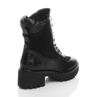 Back right side view of Black PU Mid Block Heel Lace Up Zip Combat Military Chunky Ankle Boots