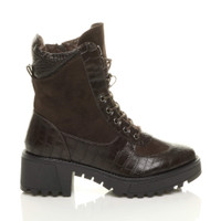 Right side view of Brown PU Mid Block Heel Lace Up Zip Combat Military Chunky Ankle Boots