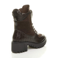 Back right side view of Brown PU Mid Block Heel Lace Up Zip Combat Military Chunky Ankle Boots