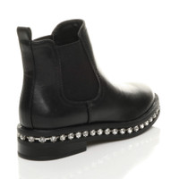 Back right side view of Black PU Low Mid Block Heel Diamante Trim Elastic Gusset Chelsea Boots