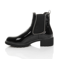 Left side view of Black Patent Low Block Heel Chunky Studded Chelsea Ankle Boots