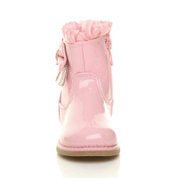 Front view of Pink Patent Infants Toddlers Diamante Bow Frilly Calf Boots