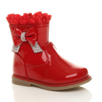 Front right side view of Red Patent Infants Toddlers Diamante Bow Frilly Calf Boots