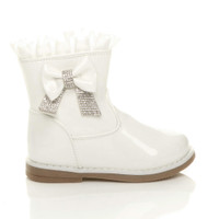 Right side view of White Patent Infants Toddlers Diamante Bow Frilly Calf Boots