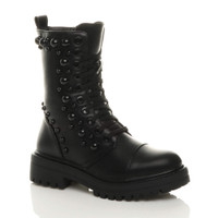 Front right side view of Black PU Mid Block Heel Punk Goth Studded Military Combat Ankle Boots