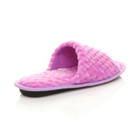 Back right side view of Lilac Fur Memory Foam Fluffy Quilted Fur Lined Grip Sole Peep Toe Mule Slippers Sandals