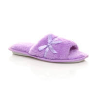 Front right side view of Lilac Fur Memory Foam Fluffy Bow Fur Lined Grip Sole Peep Toe Mule Slippers Sandals