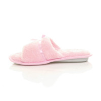 Left side view of Pink Fur Memory Foam Fluffy Bow Fur Lined Grip Sole Peep Toe Mule Slippers Sandals
