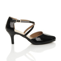 Right side view of Black Patent Mid High Block Heel Strappy Crossover Open Side Shoes Sandals