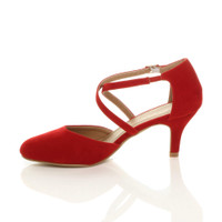 Left side view of Red Suede Mid High Block Heel Strappy Crossover Open Side Shoes Sandals