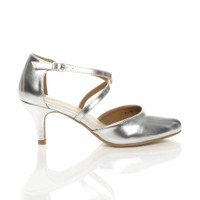 Right side view of Silver PU Mid High Block Heel Strappy Crossover Open Side Shoes Sandals