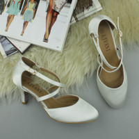 Closeup view of features of Ivory Satin Mid High Block Heel Strappy Crossover Open Side Shoes Sandals