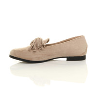 Left side view of Beige Suede Tassel Bow Shoes Loafers Flats 