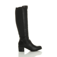 Right side view of Black PU Mid Block Heel Calf  Knee High Riding Boots