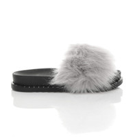 Right side view of Grey Fur Flatform Studded Fluffy Faux Fur Sliders Sandals