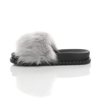 Left side view of Grey Fur Flatform Studded Fluffy Faux Fur Sliders Sandals
