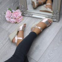 Model wearing Gold Mid Wedge Heel Platform Espadrille Sandals