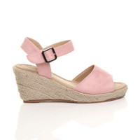 Right side view of Pale Pink Suede Mid Wedge Heel Platform Espadrille Sandals