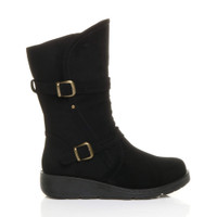 Right side view of Black Suede Low Wedge Heel Biker Comfort Calf Boots