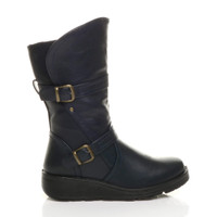 Right side view of Navy PU Low Wedge Heel Biker Comfort Calf Boots