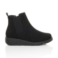 Right side view of Black Suede Low Wedge Heel Chelsea Comfort Ankle Boots