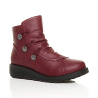 Front right side view of Burgundy PU Low Wedge Heel Button Comfort Ankle Boots