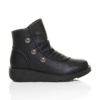 Right side view of Black PU Low Wedge Heel Button Comfort Ankle Boots