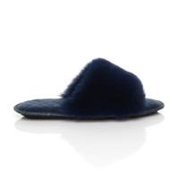 Right side view of Navy Fur Fluffy Washable Peep Toe Slippers Slides 