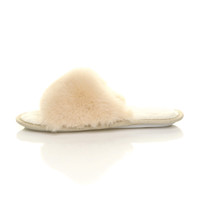 Left side view of Beige Fur Fluffy Washable Peep Toe Slippers Slides 