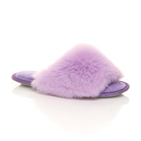 Front right side view of Lilac Fur Fluffy Washable Peep Toe Slippers Slides 
