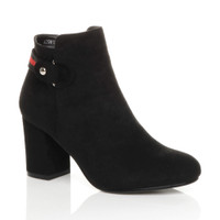 Front right side view of Black Suede Mid High Block Heel Smart Zip Ankle Boots