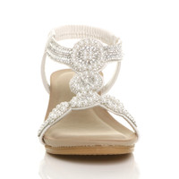 Front view of White PU Mid Wedge Heel Diamante Beaded T-Bar Slingback Sandals