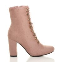 Right side view of Pink Suede High Block Heel Gold Button Military Ankle Boots